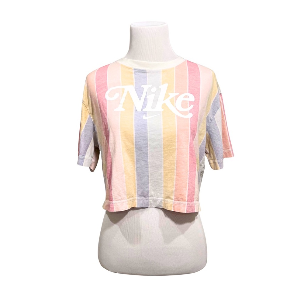 NIKE Retro 'Femme' Pastel Vertical Stripe Reverse Fabric Logo Crop Top Tee